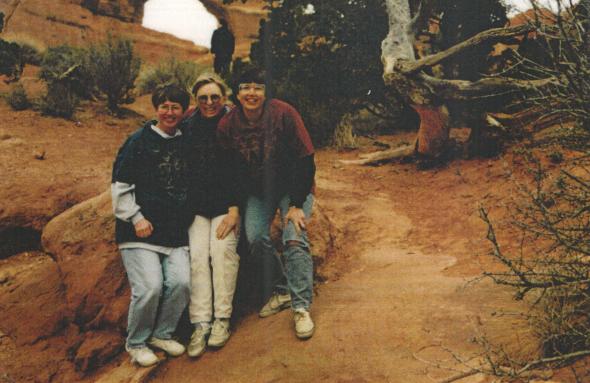 WE THREE started "retreating" south. In March of 1996 we drove to Moab, Utah. Thoughts of painting outdoors evaporated, however, at our first painting stop. It was really cold, foggy, windy...and then began to snow. Silly us, we thought going south in March would give us a jump on the painting season. I ended up painting a still life by lamp light in our hotel that night. 