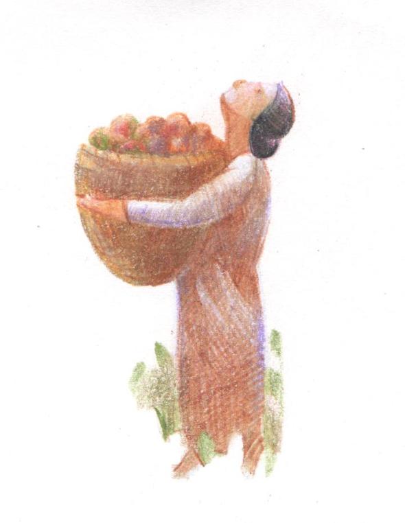 Then, I wondered, what color scheme?! I fluctuated between vibrant, wildly bold color, and muted tones. Tried some color pencil rendering to assist me in making a decision. I struggled with this ping-ponging even into the painting. It seems obvious that a quiet moment would need quiet colors. But I love juicy colors and it took some real restraint to stay calm. Too much herbal concentrate, lol? My husband proved the deciding factor. He walked into the studio one day when I had painted swirling color around the standing figure and informed me that I had gone over the top and needed to scale back. He was absolutely right. When I muted the color, leaving the idea and design to speak for themselves, it was a much stronger image.