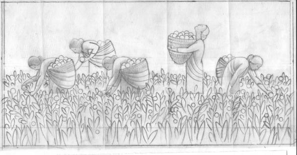 Still using tracing paper and keeping the size small: 9 x 4 1/2 inches  (so it is quicker to work with and easy to see an overview of the design) as well as keeping my pencils really sharpened, I assembled the parts. I use tracing paper so that I can, obviously, trace over bits and pieces of change rather than redraw everything from scratch each time. This helps me refine each shape.