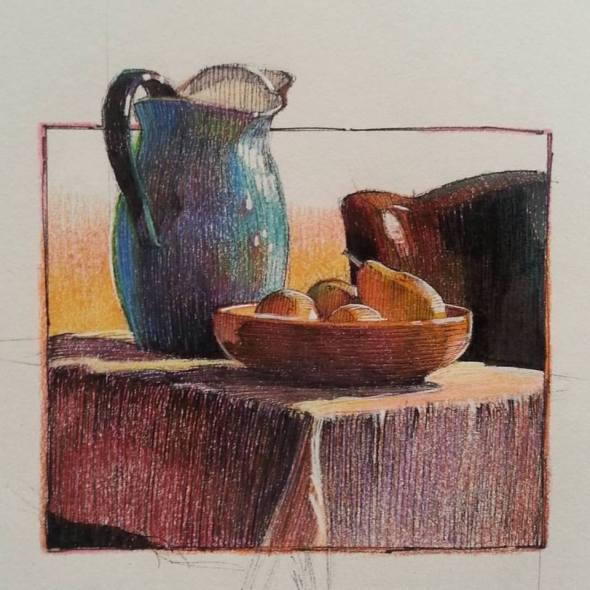 Blue pitcher and pears
