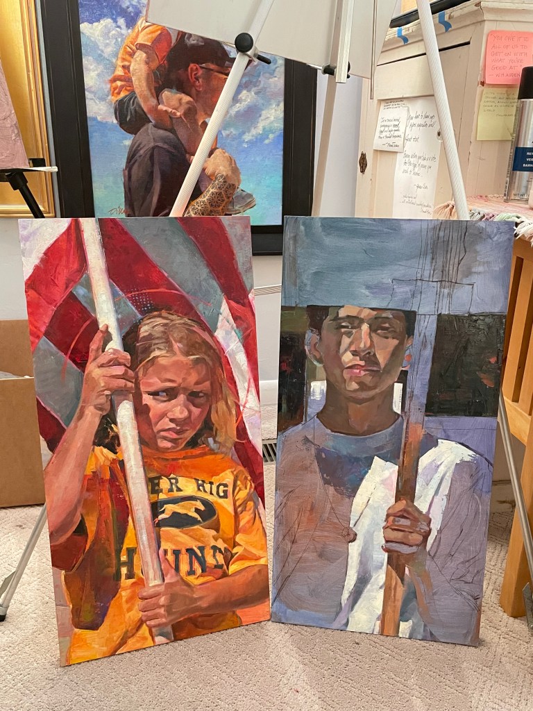 When these two paintings-in-progress were placed next to each other, they seemed to face me with purpose!